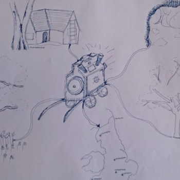 sketch of the Future Machine travelling to Finsbury Park, Tilberthwaite Quarry, Christ Church Gardens, Kingswood and a map of england showing where each place is on the map