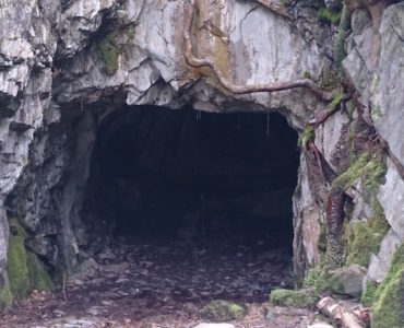 Tilberthwaite Quarry cave, dripping water from a tree root, moss, slate