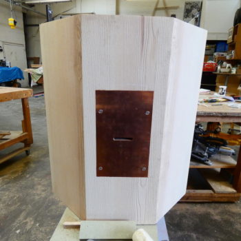 the ocatgon and copper front in Ian's carpentry workshop