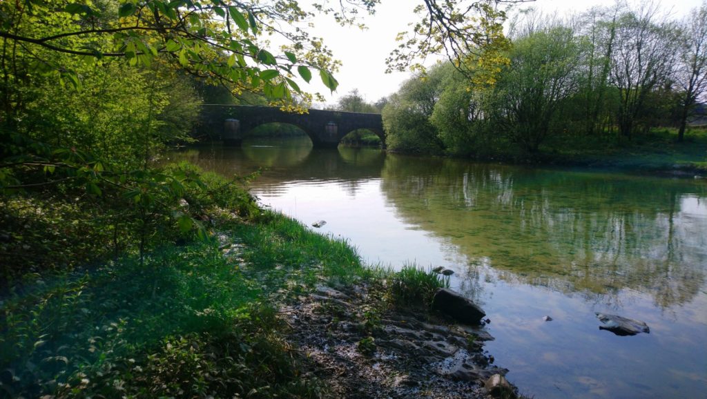 Down river on the Leven, the stone bridge and trees on the banks, the water, stones, grass, wild garlic and slate