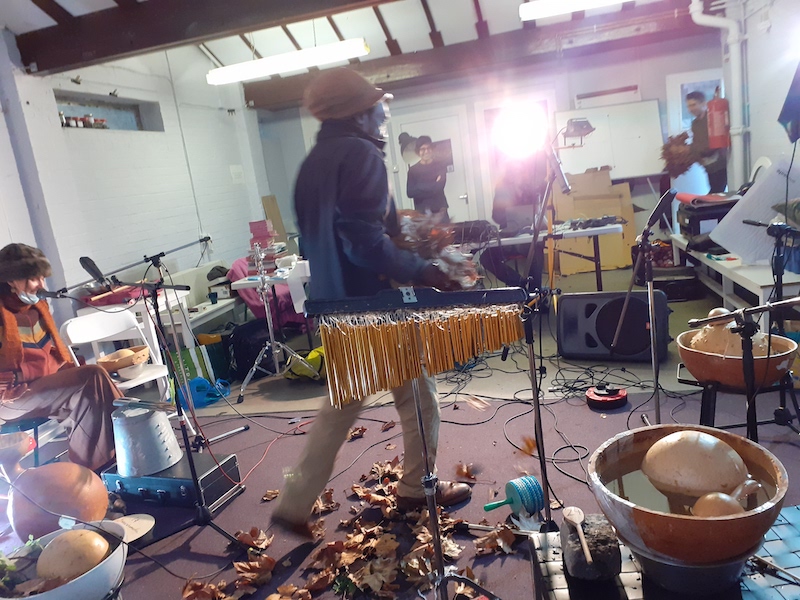 Alex throwing Autumn leaves on the floor of Furtherfield Commons, surrounded by instruments and equipment for the performance, including water drums