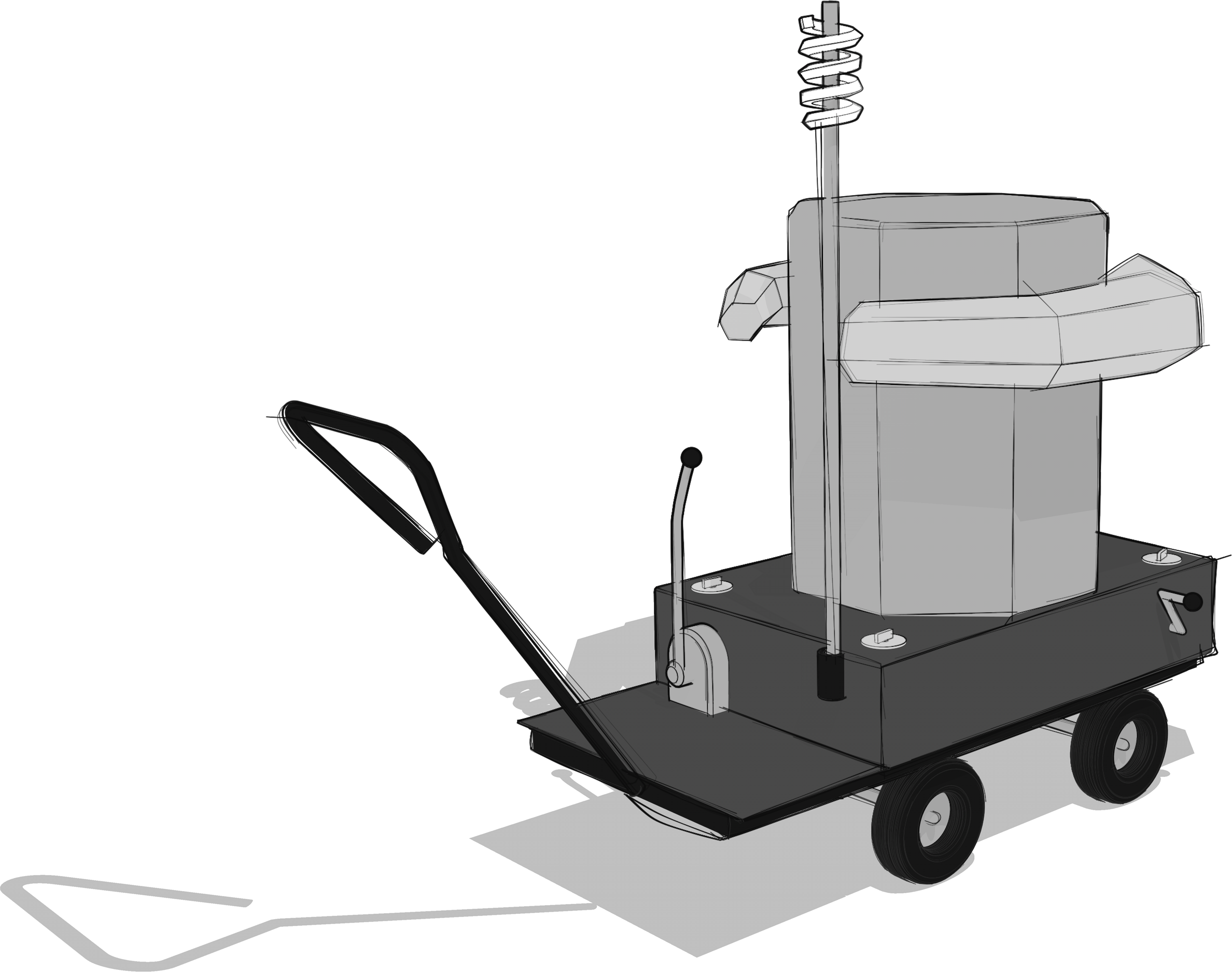 grey scale sketch of the Future Machine from the back angle with the lever, weather station and hand crank handle in view