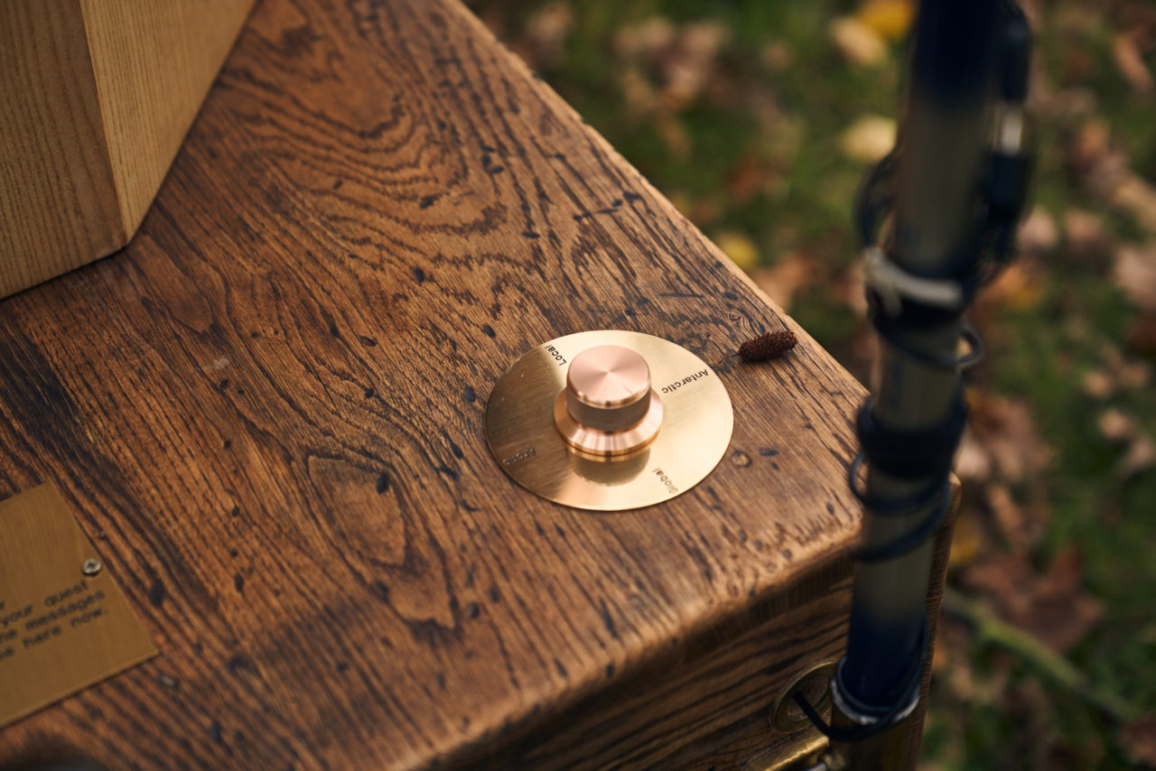 brass dial with a small pine seed dropped from a tree, pole, distressed oak, brass sign, ash octagon, grass and leaves