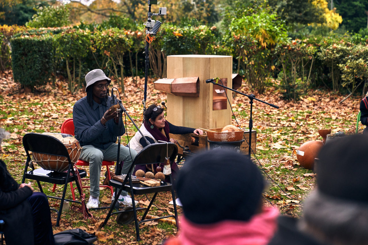 Miles, Rachel, Future Machine, people watching, autumn leaves, instruments, hedge and autumn trees