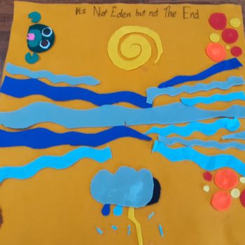 Felt Data Map titled It's Not Eden But Not The End with water, sun, storm clouds and a frog