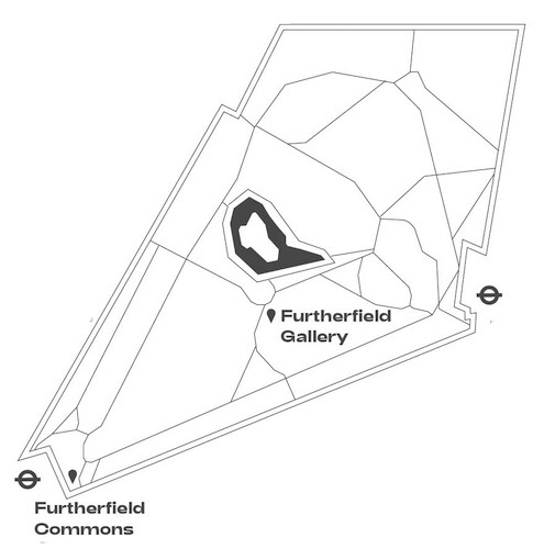 a map of Finsbury Park with the lake in the middle, Furtherfield Gallery a point to the right below the lake and Furtherfield Commons a point at the lower left hand side of the park, close to a tube symbol (Finsbury Park Station)