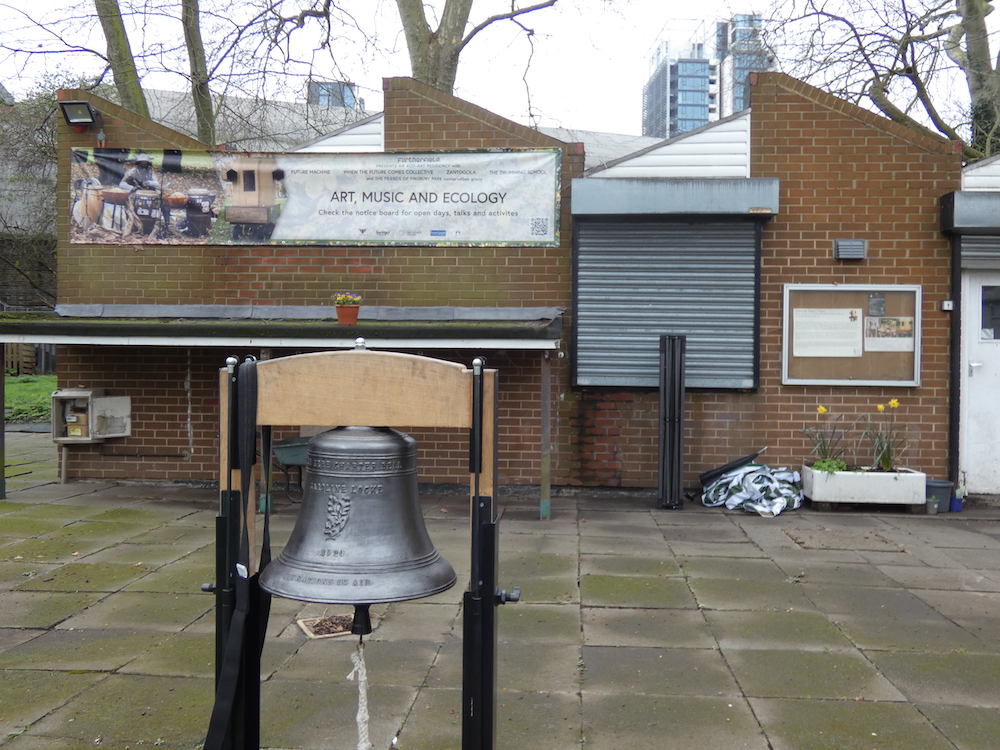 Caroline Locke's large bell with Furtherfield Commons behind