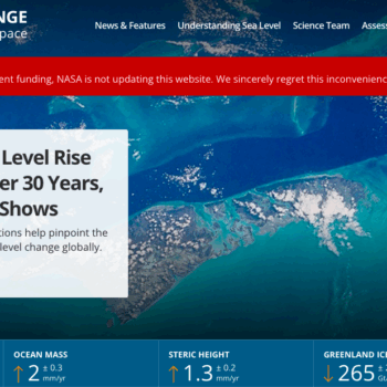 screenshot of NASA webpage about sea level rises with a message on the top 'Due to the lapse in federal government funding, NASA is not updating this website. We sincerely regret this inconvenience.'