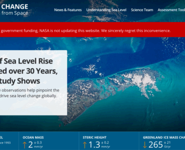 screenshot of NASA webpage about sea level rises with a message on the top 'Due to the lapse in federal government funding, NASA is not updating this website. We sincerely regret this inconvenience.'