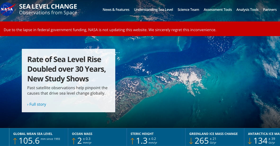 screenshot of NASA webpage about sea level rises with a message on the top 'Due to the lapse in federal government funding, NASA is not updating this website. We sincerely regret this inconvenience.'