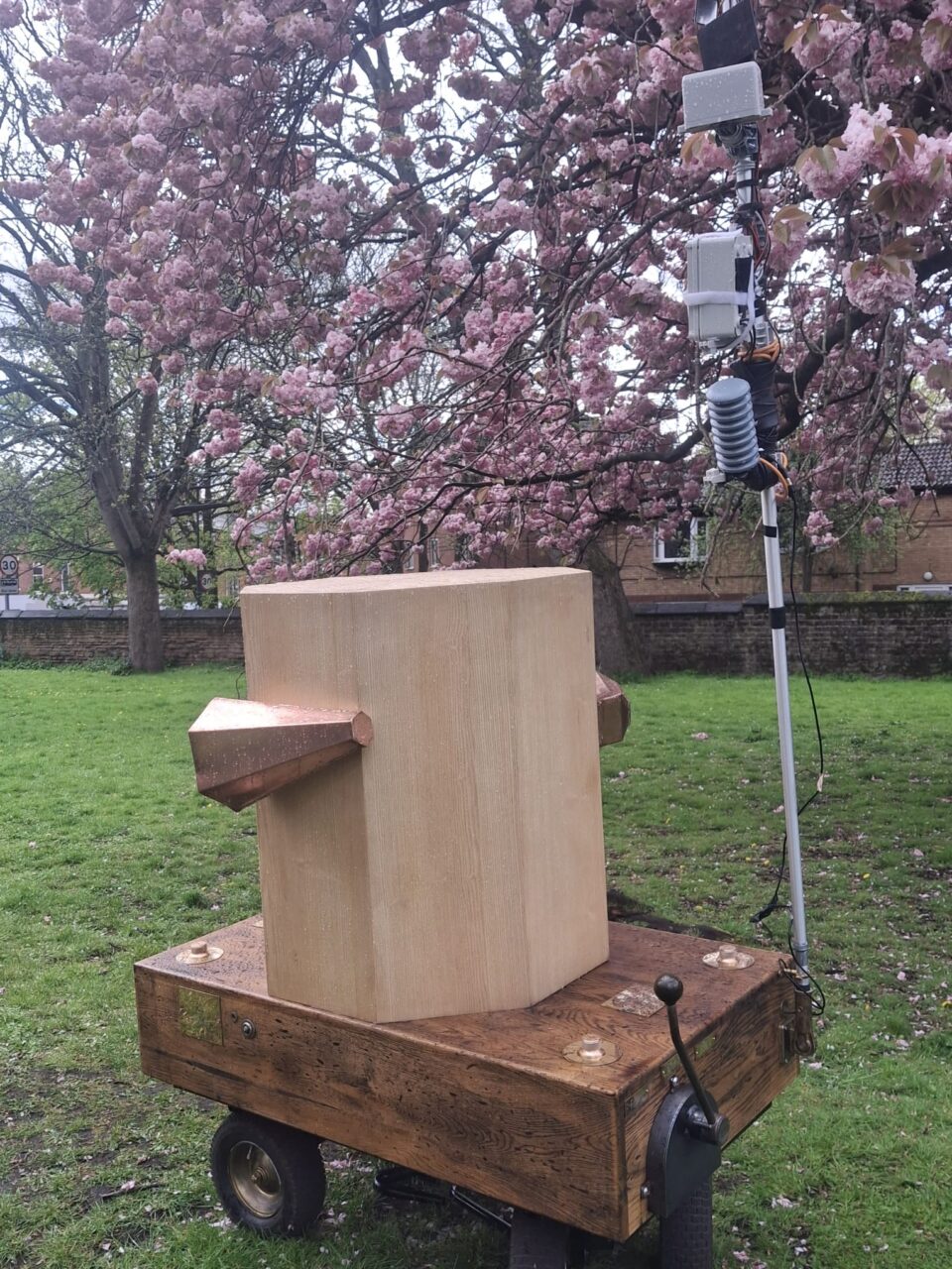 Future Machine from the back with the weather pole and a  pink cherry blossom tree in the background