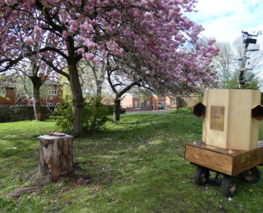 Future Machine, blossom trees and a tree stump with blossom cake on it